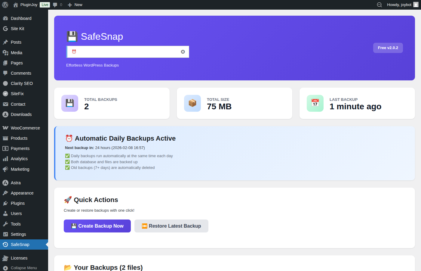 SafeSnap Pro backup dashboard