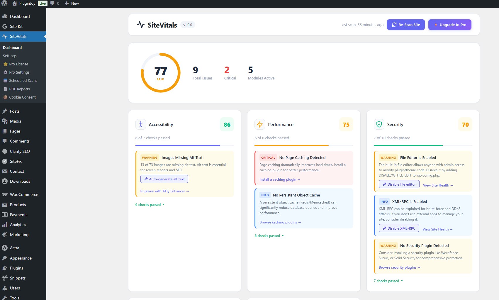 SiteVitals Dashboard - Health Score Overview