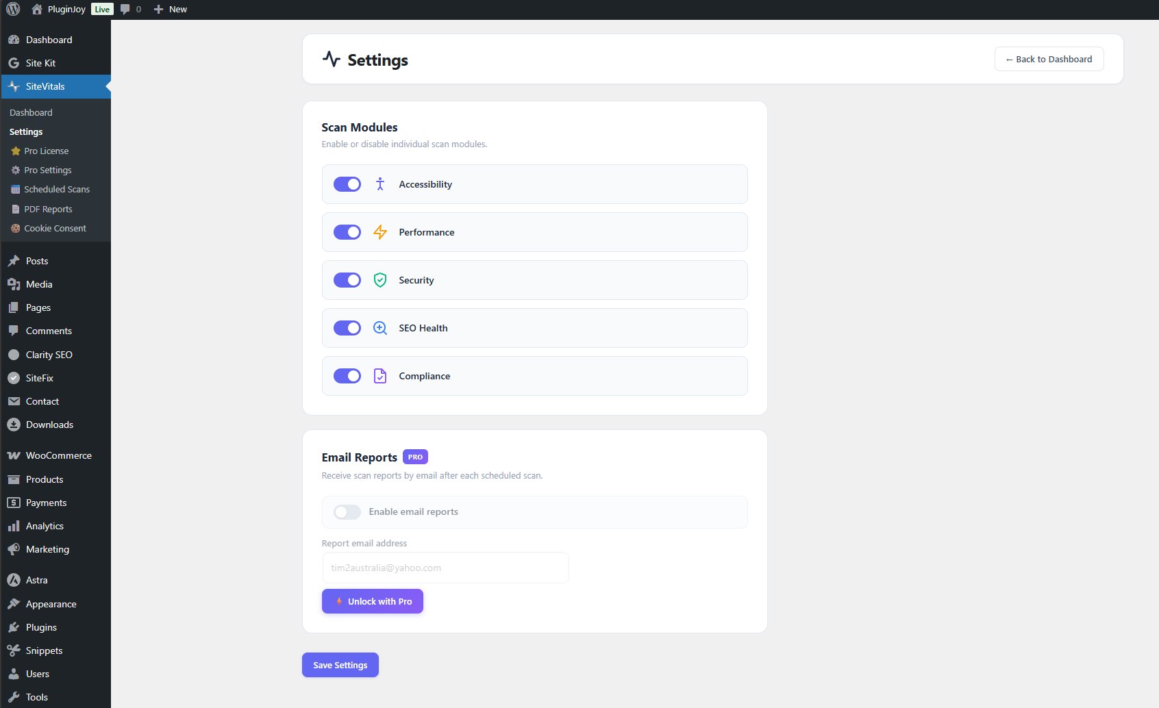 SiteVitals Settings - Scan Modules