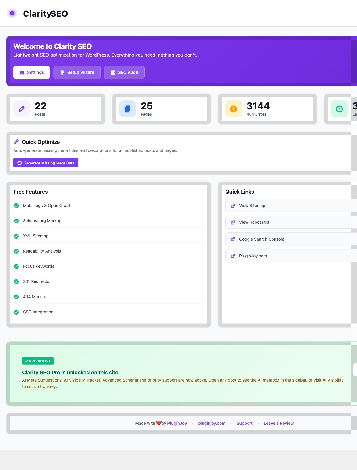 Clarity SEO dashboard with site stats and quick optimize