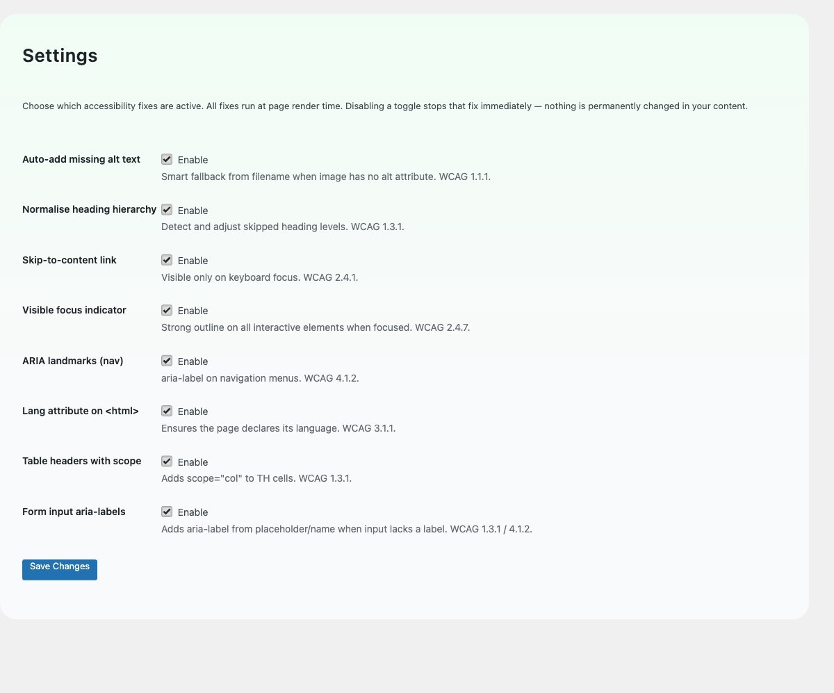 SiteFix Pro settings page with WCAG fix toggles