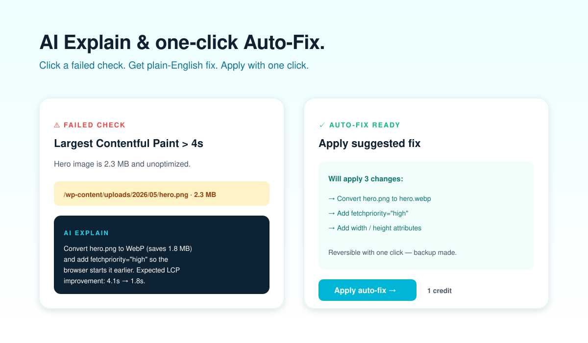 AI Explain plain-English fix recommendation and one-click Auto-Fix flow